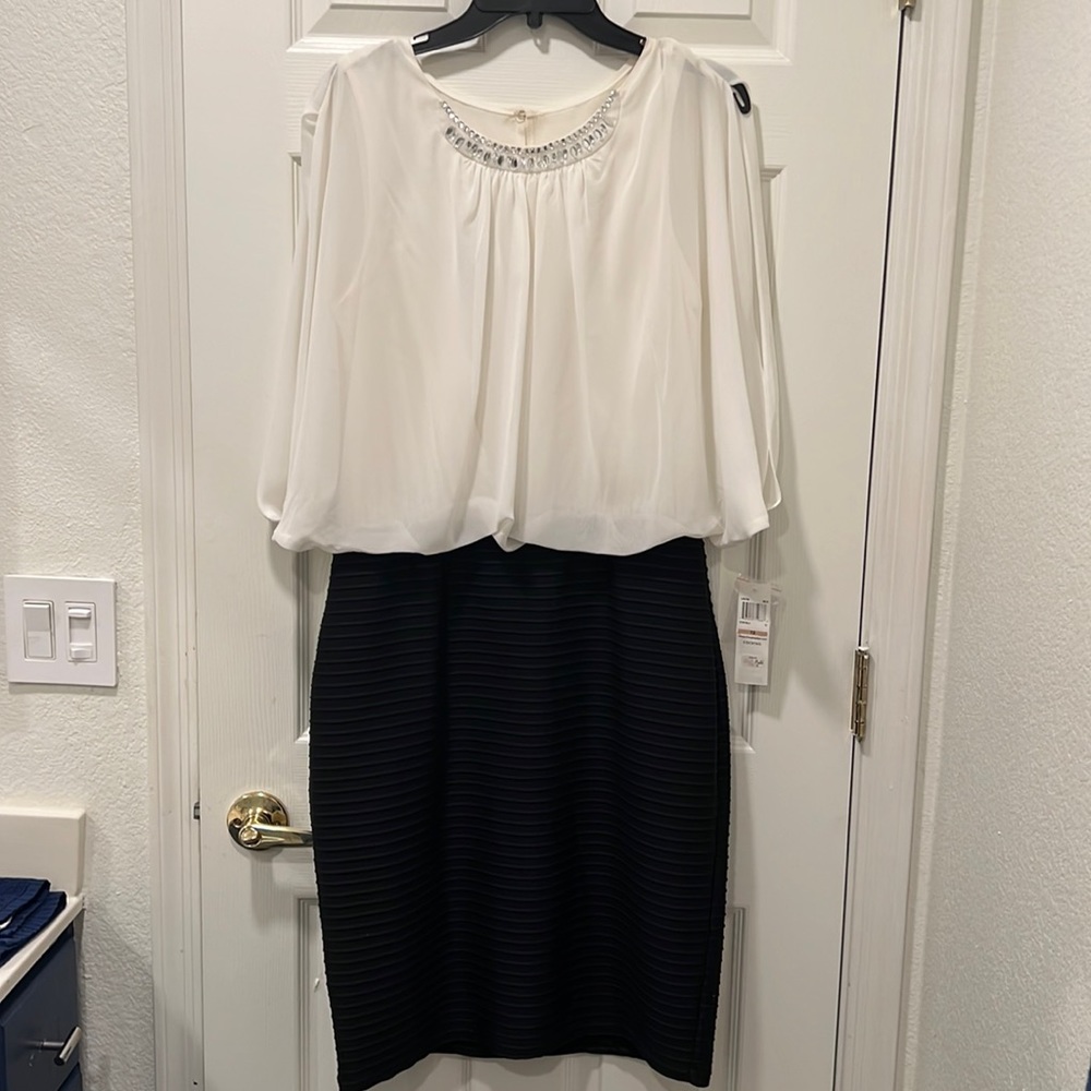NWT- Size 12 Black+White Cocktail Dress, Bodycon bottom + Sheer Overlay top